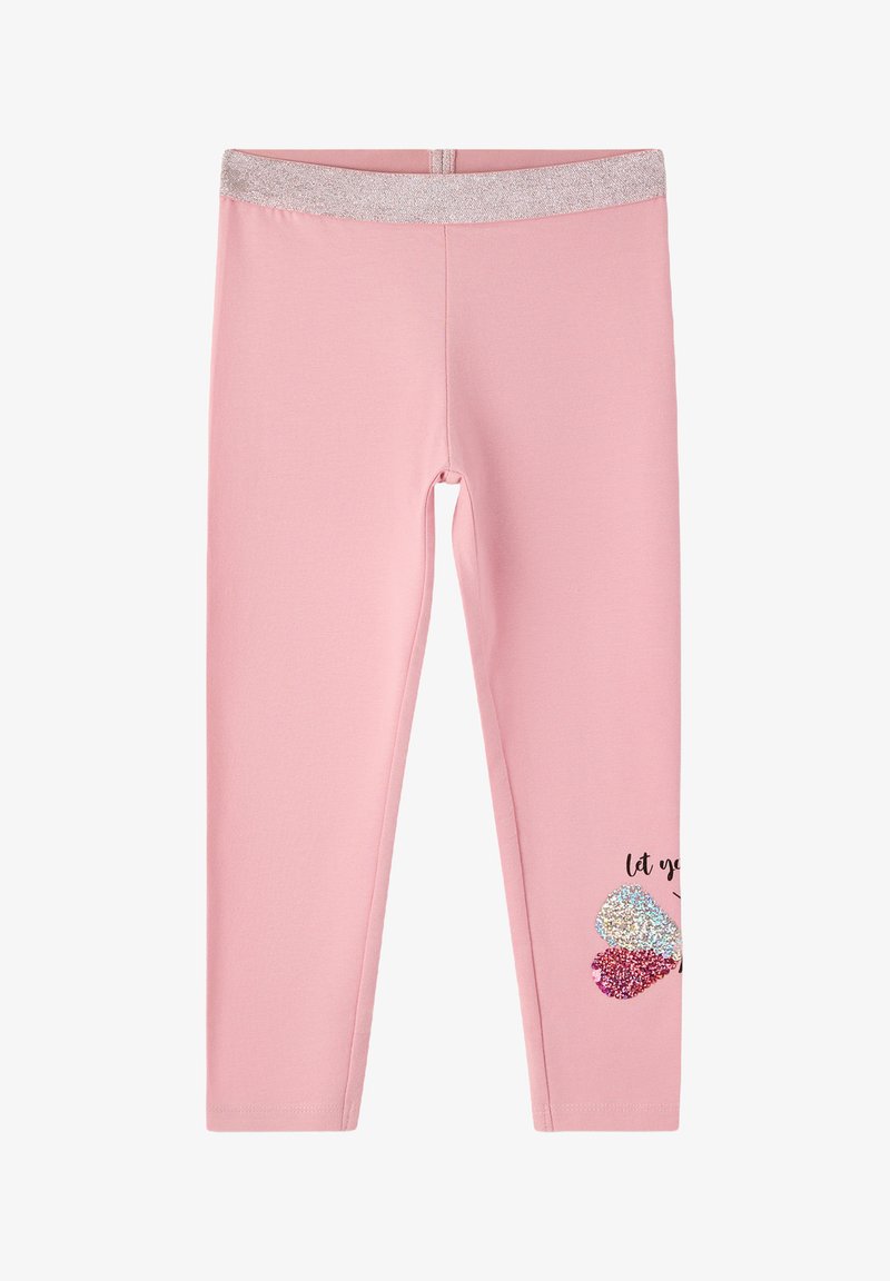 Leggings rosa con una fascia elastica glitterata, caratterizzati da un design a cuore colorato e scintillante e dalla scritta "let you." Materiale morbido e elasticizzato.