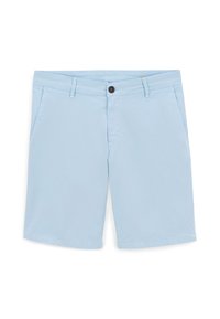 Shorts in cotone azzurro chiaro con chiusura a bottone, due tasche laterali e una texture liscia. Il design è semplice e privo di decorazioni.