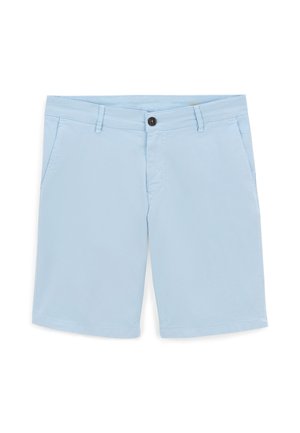 Pantalones cortos de algodón azul claro con cierre de botón, dos bolsillos laterales y una textura suave. El diseño es sencillo y sin adornos.