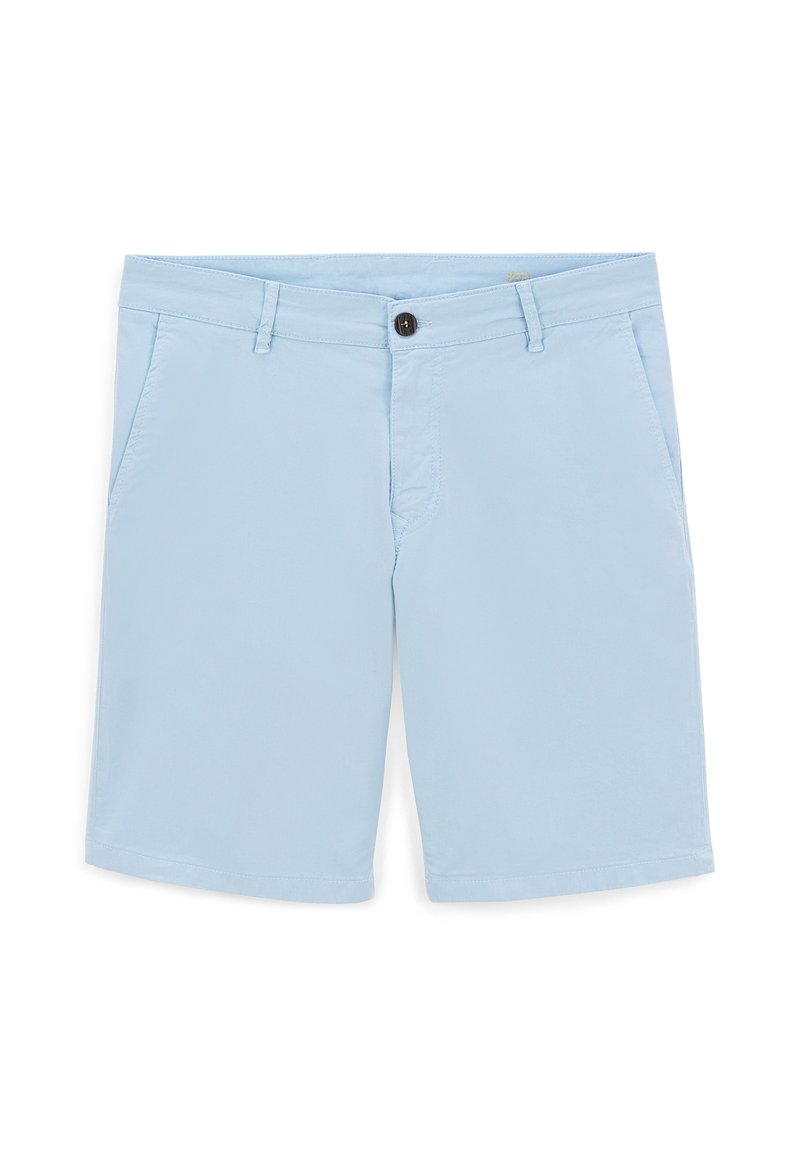 Shorts in cotone azzurro chiaro con chiusura a bottone, due tasche laterali e una texture liscia. Il design è semplice e privo di decorazioni.