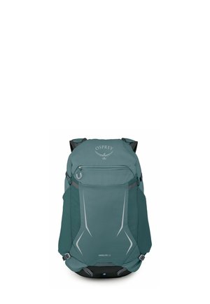 Zaino da trekking Teal Osprey Hikelite 32 con tasca frontale con cerniera, cinturini laterali e dettagli riflettenti su sfondo bianco.
