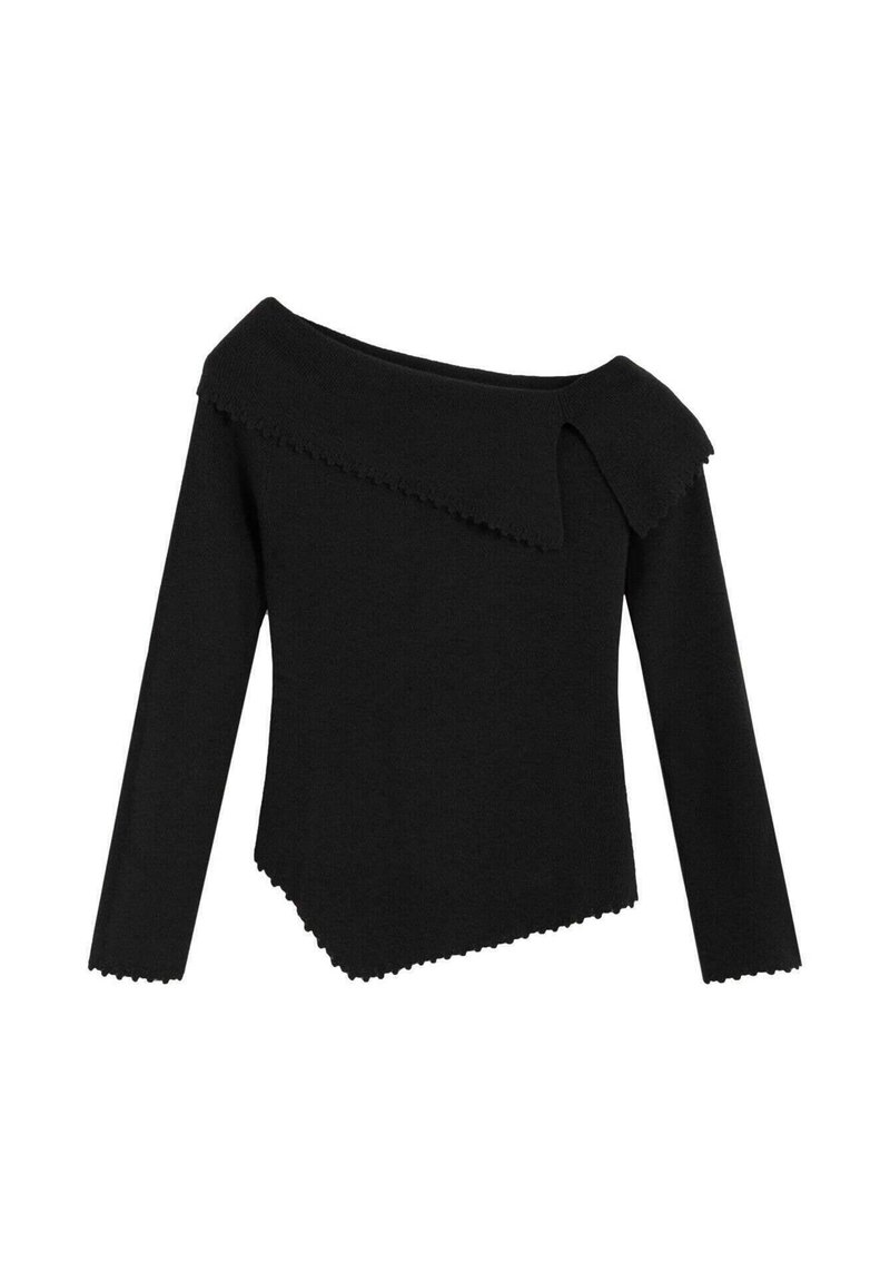 Top negro con hombros descubiertos y mangas largas, con un diseño de dobladillo y cuello ondulados. Textura suave, silueta ajustada.