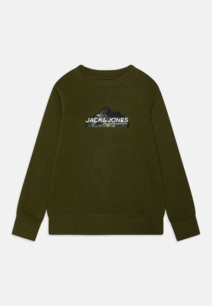 Olivengrøn langærmet crewneck-sweatshirt med bjerggrafik og teksten "JACK & JONES" på brystet, med ribbede manchetter og kant.