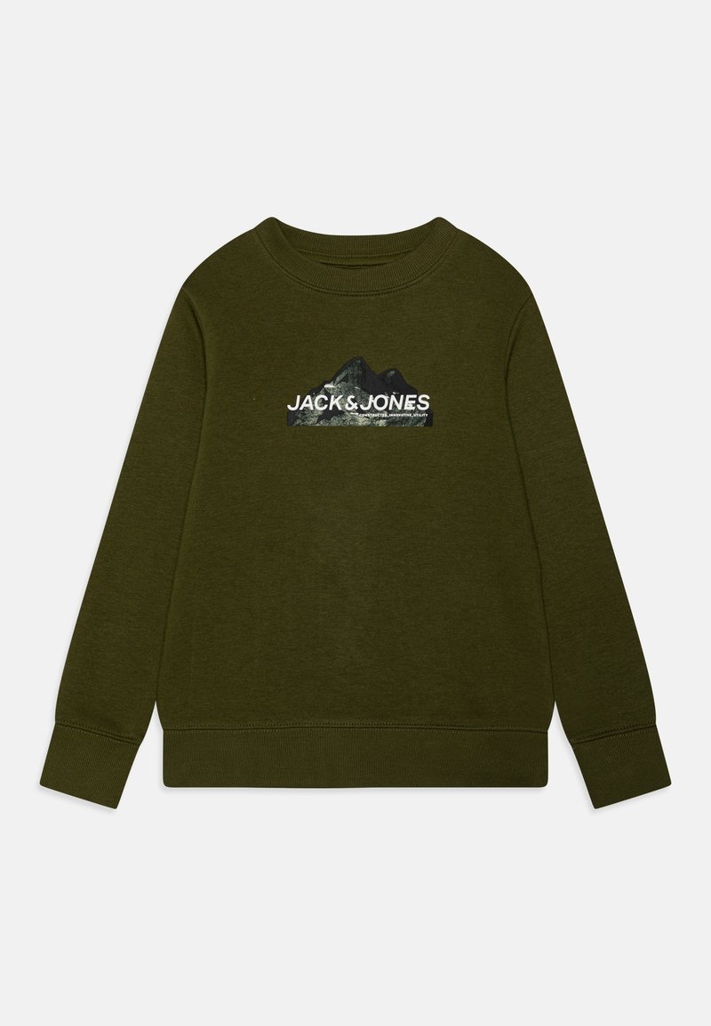 Sweat-shirt à col rond à manches longues de couleur vert olive avec un motif de montagne et le texte "JACK & JONES" sur la poitrine, poignets et ourlet côtelés.