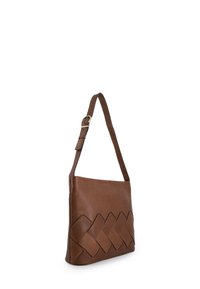 Brown leather bag with an adjustable strap, featuring a woven pattern along the bottom and a smooth surface. Rectangular shape.