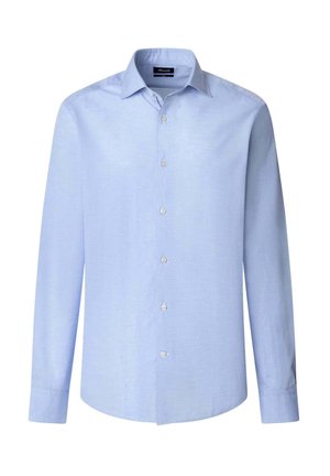 Helles blaues Langarmhemd aus glattem Stoff mit durchgehender Knopfleiste, klassischem Kragen und Ein-Knopf-Manschetten. Keine Muster vorhanden.