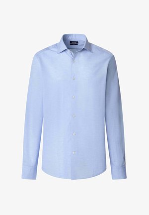 Helles blaues Langarmhemd aus glattem Stoff mit durchgehender Knopfleiste, klassischem Kragen und Ein-Knopf-Manschetten. Keine Muster vorhanden.