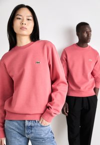 Rózsaszín pamut pulóverek, kerek nyakkal, kis zöld hímzett logóval. A bal oldalon álló modellen világoskék farmernadrág van.