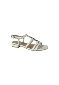 Sandal bianca realizzata in materiale sintetico con diverse cinghie e decorazioni. Tacco basso a blocco, design con punta aperta, fibbia regolabile.