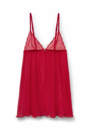 Nuisette en dentelle rouge avec des bretelles fines réglables, présentant un design plissé et un accent en nœud à l'avant. Texture légère et semi-transparente.
