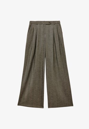 Weite Hosen im Fischgrätenmuster, mit einer Farbgebung in Braun und Beige, aus strukturiertem Stoff mit Vorderfalten und einem Gürtel.