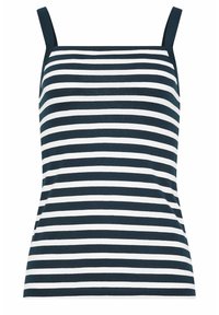 Gestreept tanktop met marineblauwe en witte horizontale strepen, gemaakt van zachte stof, met dunne bandjes en een aansluitende silhoeet.