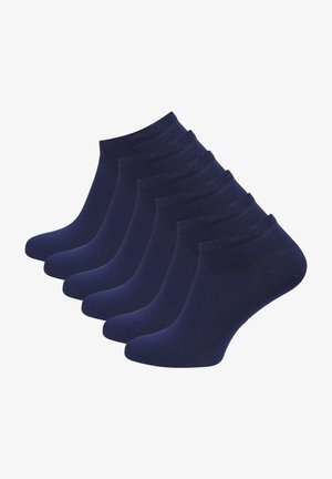 Marineblaue Baumwollknöchelsocken, sechs Paar, glatte Textur, gerippte Bündchen, abgerundete Zehen, keine sichtbaren Muster oder Beschläge.