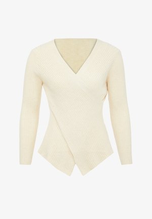 Crème ribbels wikkeltop met lange mouwen en een V-hals. De stof is soepel en rekbaar, met een asymmetrische zoom voor een moderne silhouet.