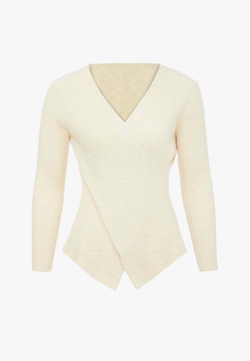 Krém színű, bordázott, hosszú ujjú, V nyakú felső. Az anyag sima és rugalmas, aszimmetrikus szegéllyel rendelkezik, ami modern sziluettet kölcsönöz.