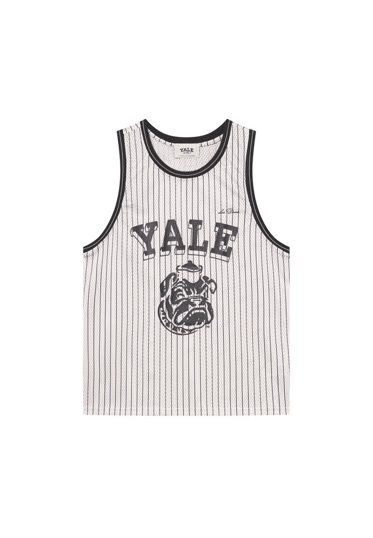 Débardeur en maille blanche avec des rayures verticales noires, arborant le texte "YALE" et un graphique de bulldog. Encolure arrondie et design sans manches.