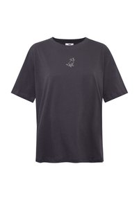 Dark gray short-sleeve t-shirt in soft fabric featuring a minimalist white dog outline logo on the chest. Straight-cut design.