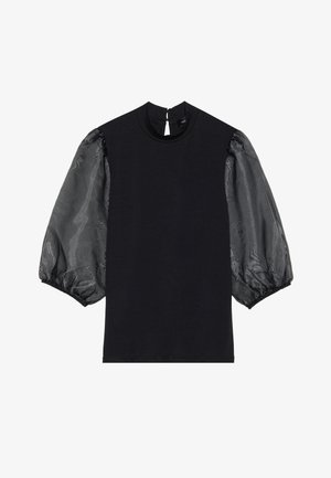 Musta paita, jossa on lyhyet, puffimaiset läpinäkyvät hihat hienolla kuviolla, pyöreä pääntie ja avaus takana.