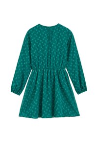 Teal kleita ar garām piedurknēm, savilkta josta un lielo punktiņu raksts. Gluda auduma ar aizdotām pogām aizmugurē un elastīgām piedurknēm.