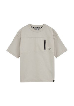 Lichtbeige T-shirt met korte mouwen, voorzien van een kleine verticale ritszak en het 'Salty Dog' logo op de borst.