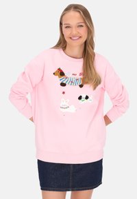 Sudadera rosa con animales de dibujos animados bordados, incluyendo un perro salchicha y un conejo, con cuello redondo y puños acanalados.