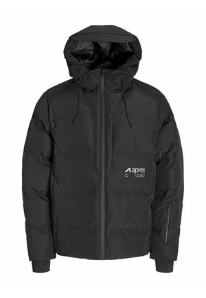 Veste noire matelassée avec capuche, dotée d'une fermeture éclair sur le devant, de poches latérales, de poignets élastiques et d'un logo blanc sur la poitrine. Texture lisse.