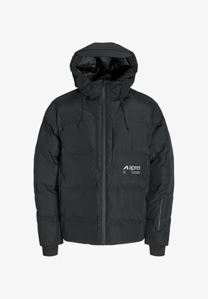 Giacca imbottita nera con cappuccio, caratterizzata da una cerniera frontale, tasche laterali, polsini elasticizzati e un logo bianco sul petto. Texture liscia.