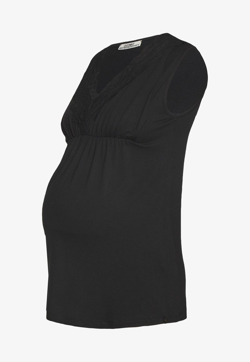 Top de maternidade preto com decote em V, detalhes em renda, tecido franzido na cintura e design sem mangas. Material macio e elástico.