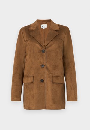 Brown suede blazer with a notch lapel, four buttons, two front pockets, and a tapered fit. Smooth texture with a minimalistic design.