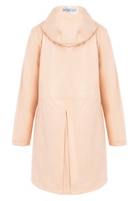 Pelerină de ploaie de culoare piersică, cu glugă, mâneci lungi și un design plisat pe spate. Textură netedă și manșete elastice pentru o fixare sigură.
