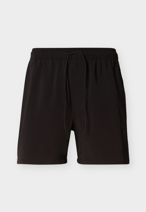 Shorts de bain noirs avec une taille élastique et un cordon de serrage, en tissu lisse et léger. Design simple, sans motifs ni accents visibles.
