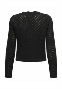 Black knitted sweater with long sleeves, featuring a mesh pattern, ribbed neckline, and cropped hem. Texture is open and breathable.