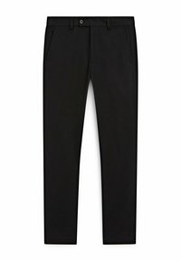 Pantaloni neri realizzati in un tessuto liscio, dotati di una vita con bottoni e tasche laterali. Design a gamba dritta senza pattern visibili.