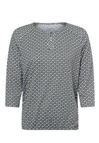 Green and white patterned top with a round neckline and three-quarter sleeves. Made from lightweight fabric with a textured finish.