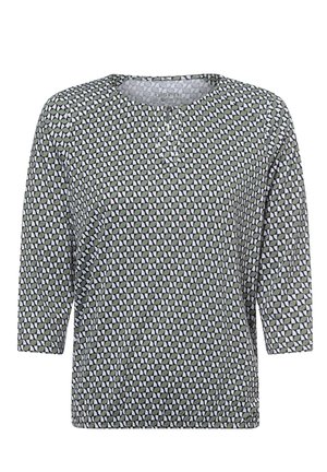 Grün-weiß gemusterte Bluse mit rundem Ausschnitt und dreiviertellangen Ärmeln. Aus leichtem Material mit strukturierter Oberfläche.