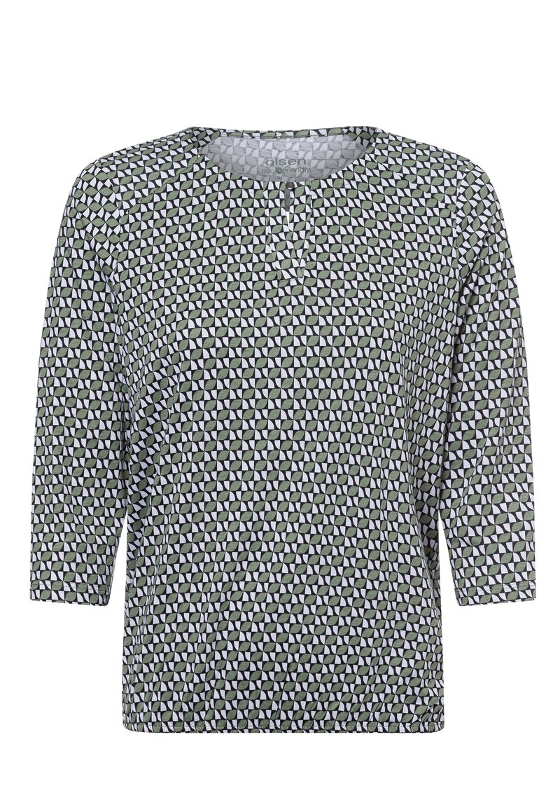 Green and white patterned top with a round neckline and three-quarter sleeves. Made from lightweight fabric with a textured finish.