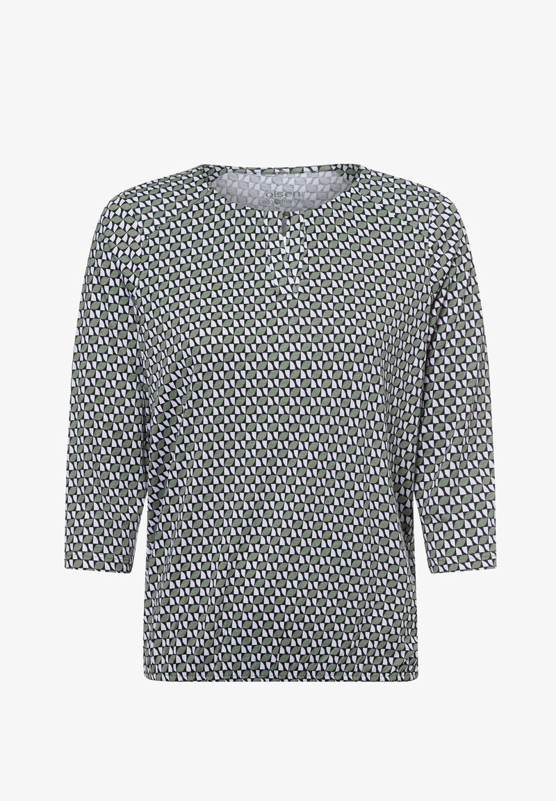 Grün-weiß gemusterte Bluse mit rundem Ausschnitt und dreiviertellangen Ärmeln. Aus leichtem Material mit strukturierter Oberfläche.
