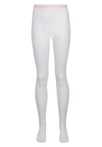Collants en résille blancs avec une partie pied blanche unie et une taille rose claire. La texture présente des motifs en forme de diamants.