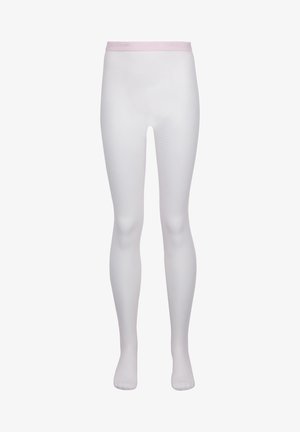 Hvide fiskenet strømpebukser med en solid hvid foddel og en lys pink elastik fremhæver. Teksturen viser diamantformede mønstre.