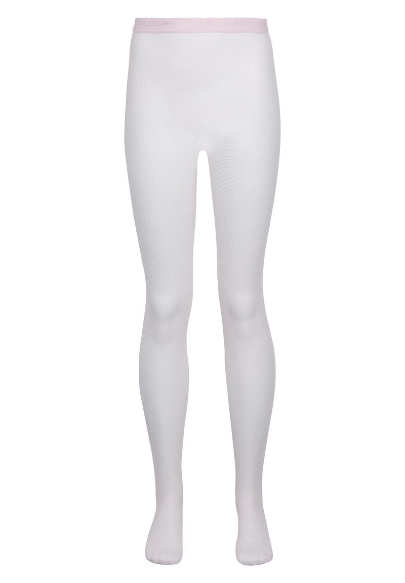 Collants en résille blancs avec une partie pied blanche unie et une taille rose claire. La texture présente des motifs en forme de diamants.