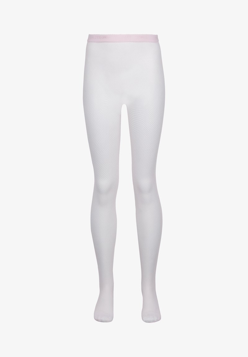 Hvide fiskenet strømpebukser med en solid hvid foddel og en lys pink elastik fremhæver. Teksturen viser diamantformede mønstre.