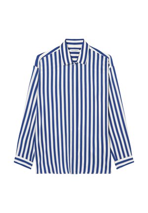 Blue and white striped long-sleeve shirt with a collared neckline and front zipper, made of smooth fabric. Care label visible inside.
