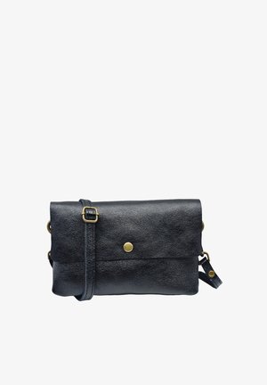 Sac bandoulière en cuir noir avec sangle réglable et fermeture à bouton-pression doré sur fond blanc.