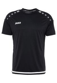 Černé sportovní tričko vyrobené z tkaniny s odváděním vlhkosti, s kulatým výstřihem, krátkými rukávy a šedými tečkami na ramenou.