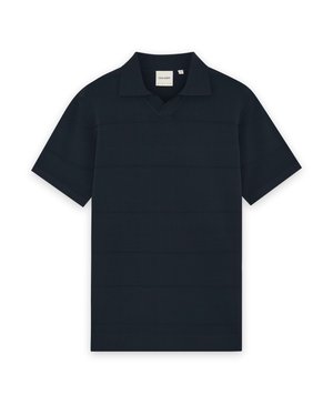 Navyblauw poloshirt met korte mouwen, een klassieke kraag en een klein merkembleem aan de binnenkant van de halslijn.