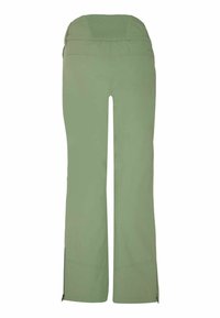 Grüne Hose mit einer glatten Textur, ausgestattet mit einem dehnbaren Bund und seitlichen Reißverschlüssen an den Knöcheln für eine verstellbare Passform.