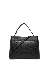 Borsa a tracolla nera strutturata realizzata in pelle testurizzata. Presenta un motivo a logo impresso, due manici e una tasca frontale con zip.