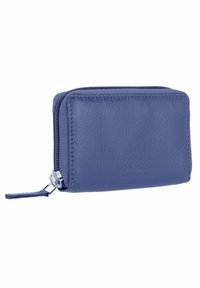 Portafoglio in pelle blu con una finitura texturizzata, presenta una chiusura a zip e una forma rettangolare sottile. Include un piccolo cursore in pelle.