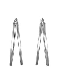 Metaliniai auskarai su elegantišku, pailgu dizainu, pasižymintys blizgiu sidabriniu apdailu ir minimalistine geometriška forma.