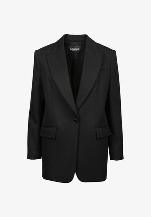 Blazer nero in tessuto strutturato, con chiusura a un bottone, rever a incavo e due tasche frontali. Silhouette sartoriale.